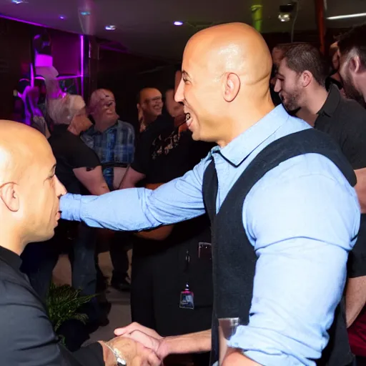 Image similar to a high quality photograph of vin diesel meeting Mark Sinclair