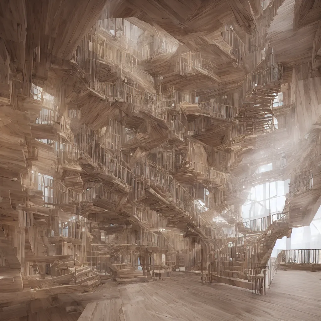 Prompt: a wooden and marble monumental stair tower of light climbing up, designed by japanese architect, highly detailed, 4 k, unreal engine, volumetric lightning, mist, golden goddess athena