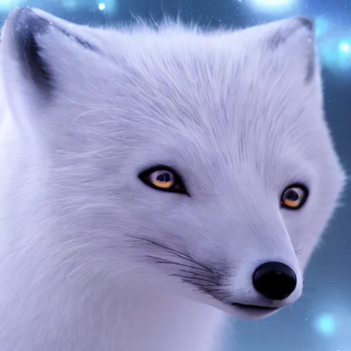 Image similar to arctic fox, detailed eyes, glowing, Milky Way background, octane, cinematic, hyper realism, high detail, octane, 8k