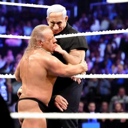 Prompt: benjamin netanyahu in a wwe arena wrestling the undertaker, highly detailed, sharp focus