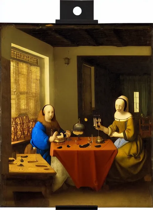 Prompt: a candlelit table at the inn, evening, dark room, two people sitting at the table, swirling smoke, dark smoke, realistic, in the style of leonardo da vinci, dutch golden age, amsterdam, medieval painting by jan van eyck, johannes vermeer, florence