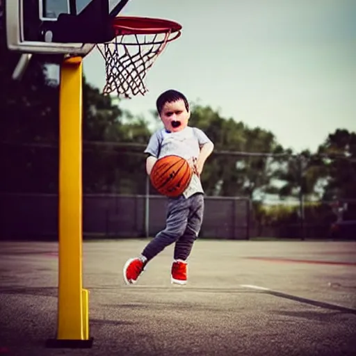 Prompt: a baby dunking a basketball, dramatic action photography, epic shot