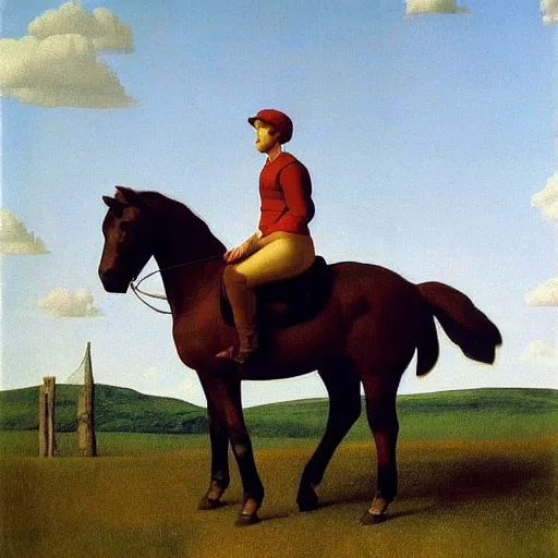 Image similar to a horse-riding-adventure by Raphael, Hopper, and Rene Magritte. detailed, romantic, enchanting, trending on artstation.