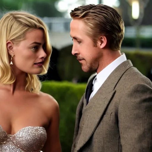 Image similar to still of ryan gosling and margot robbie, walking on eva mendes face