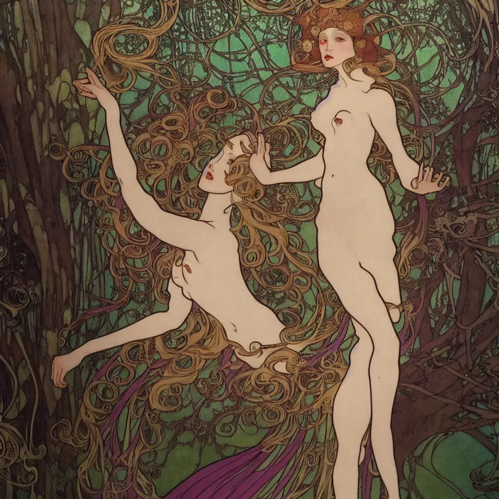 Prompt: an enchanted forest with a woman dancing in it, in the style of mucha and giger, very detailed, 4K, cinematic light, intricate, eerie