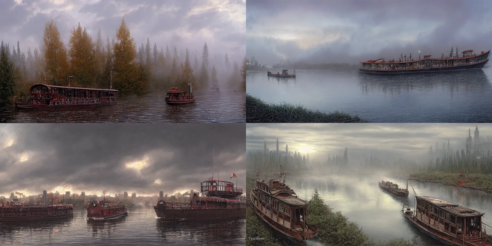 city of Edmonton river boat. misty weather. painting Stable Diffusion