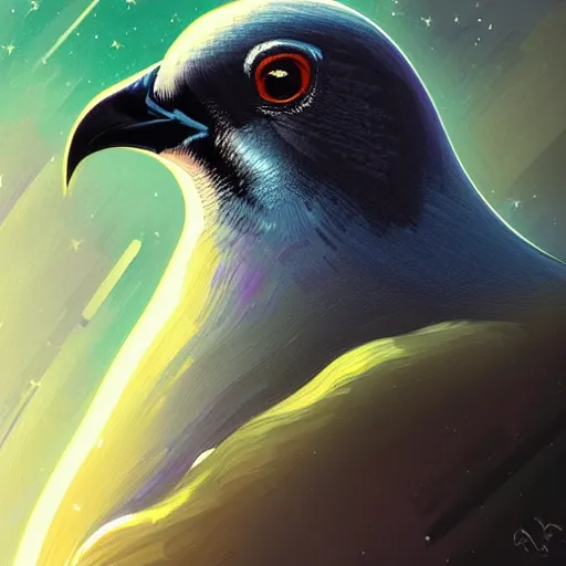 Image similar to close up Portrait of a Pigeon in space, dark fantasy, intricate pigeon, elegant pigeon, highly detailed, digital painting, artstation, concept art, smooth, sharp focus, illustration, art by Sam Youn and Fernanda Suarez and Artem Demura and Alphonse Mucha