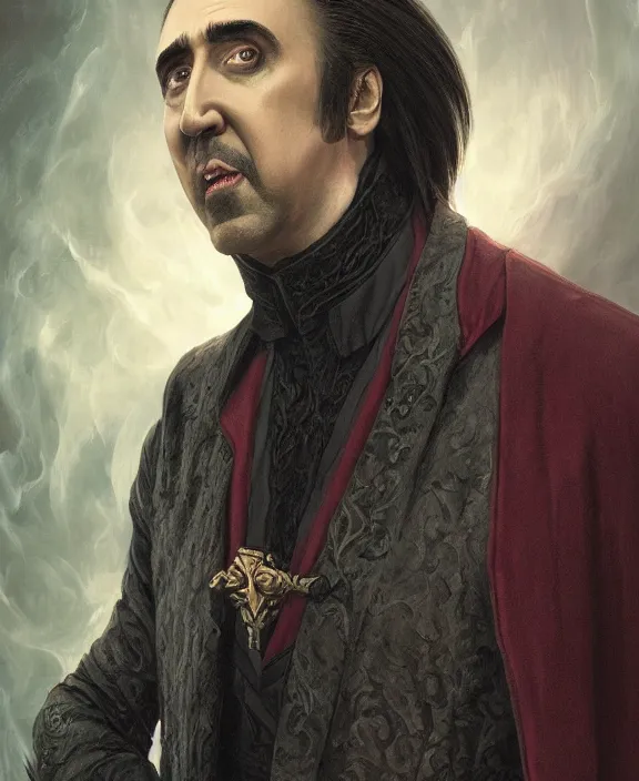 Image similar to nicolas cage as dracula, highly detailed, centered, artstation, concept art, smooth, sharp focus, illustration, bokeh art by artgerm and donato giancola and joseph christian leyendecker