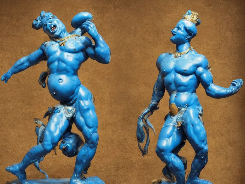 Image similar to beautiful muscular blue genie covered in oil laughing and turning himself into pregnant pig, statue, highly detailed