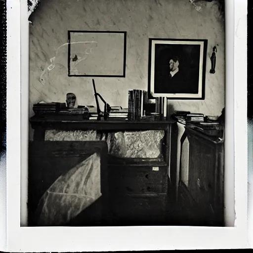 Image similar to 1880, inside a writer room, many books, piles of books, beautiful light, long shadows, 50 mm lens, polaroid photo, yellowed, crackles, scratches, dust, stains