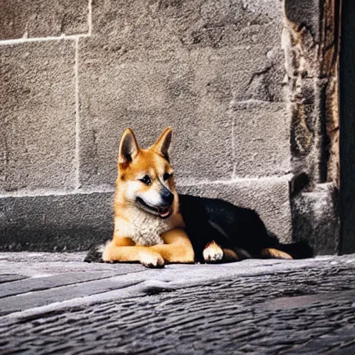 Image similar to shiba inu german shepherd mix dog lying on the street in ancient florence, high quality digital art, cinematic lighting, moody lighting