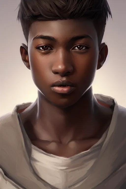 Image similar to young teenager boy with straight short brown hair, dark skin, big lips. highly detailed, d & d, fantasy, highly detailed, digital painting, trending on artstation, concept art, sharp focus, illustration, art by artgerm and greg rutkowski and fuji choko and viktoria gavrilenko and hoang lap