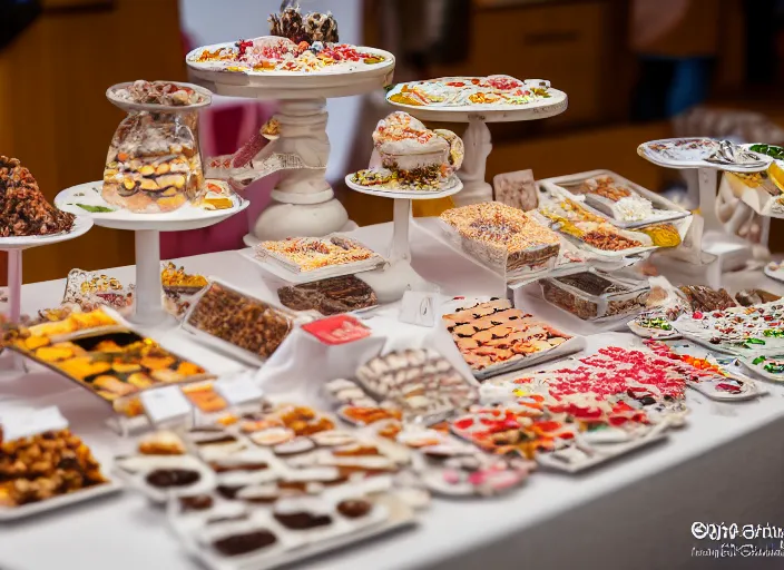 Image similar to a table with a white map full of sweets and bite sized deserts. highly detailed 8 k. intricate. nikon d 8 5 0 3 0 0 mm. award winning photography.