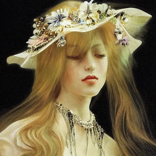 Prompt: A beautiful digital art. She coalesces into a tall woman in a white dress, diamonds around her neck, hair carefully arranged in auburn waves, young and old at the same time. origami by Don Maitz, by Anders Zorn ornate