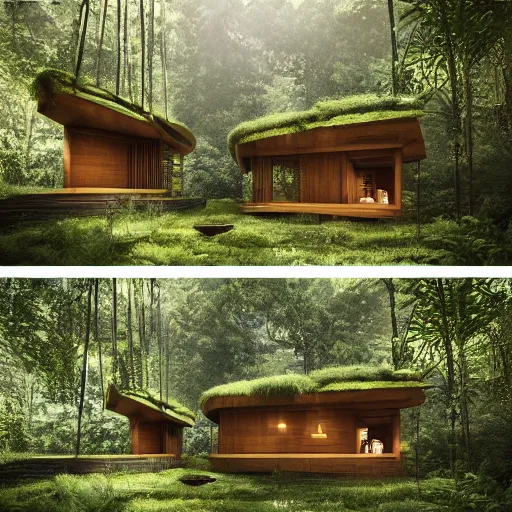 Image similar to a beautiful 3d renderings of a little huse in a jungle, architecture by Kengo Kuma. Architectural photography, 14mm, cinematic photography, high resolution 4k, cg architects, vray