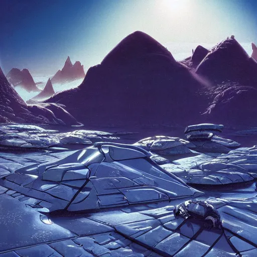 Image similar to Frozen frontiers on an alien planet, floating mountains above clouds in the background, vanishing perspective of a road, ravine, Syd Mead, John Harris, Federico Pelat,