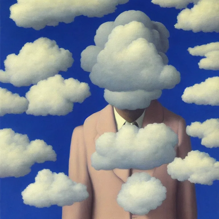 Image similar to cloud - man, by rene magritte, centered, detailed painting, hd, hq, high resolution, high detail, 4 k, 8 k