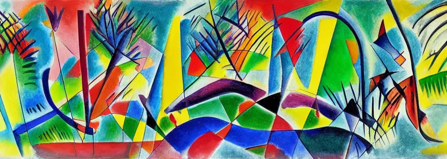 Image similar to party in jungles, author zima blue, very elongated lines, wasily kandinsky, malevich, pop art, color splashes, grain