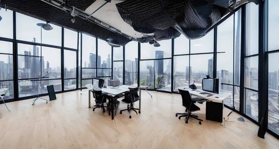 Image similar to interior of a bright streamer studio with the latest equipment and tech with big windows overlooking the megapolis, trendy aesthetic interior decoration, modern designer, high detail, 8 k, photography focal length 2 0 mm f 3. 5