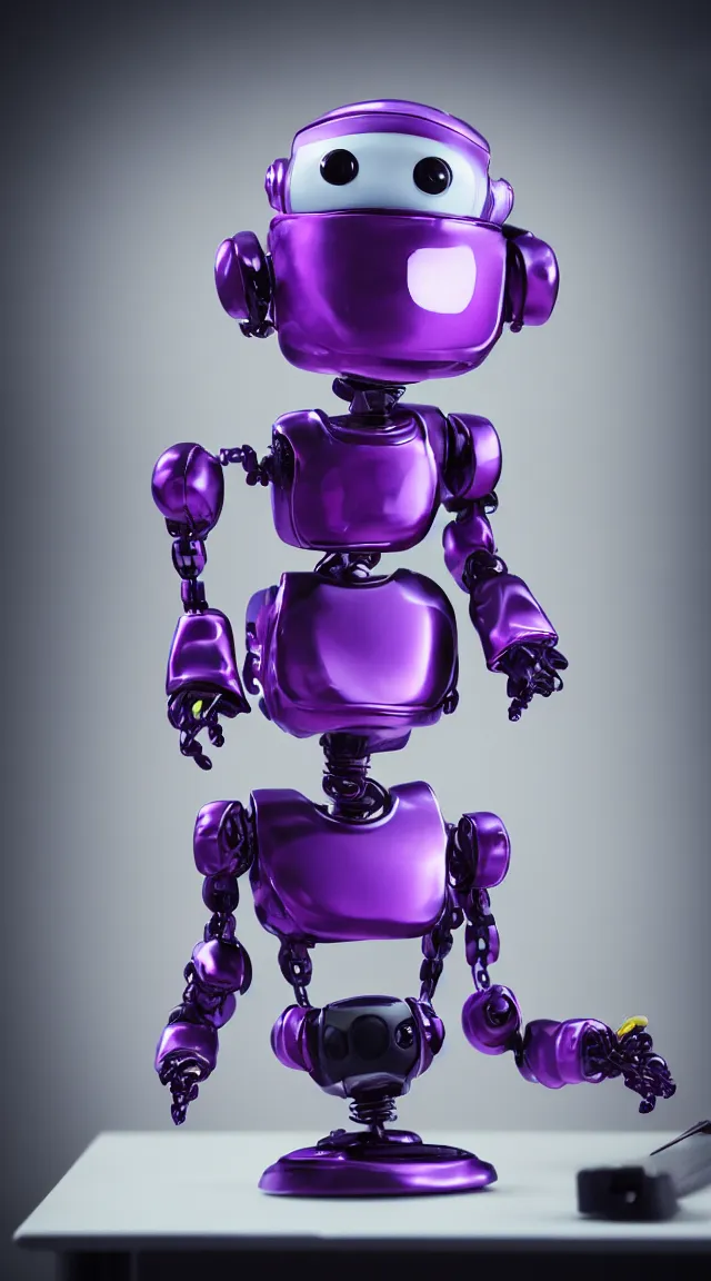 Image similar to portrait of a tiny robot on a desk, professional photo, hdr, bokeh, sci fi, purple