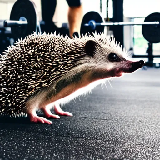 Prompt: high quality photo of hedgehog in the gym doing deadlift