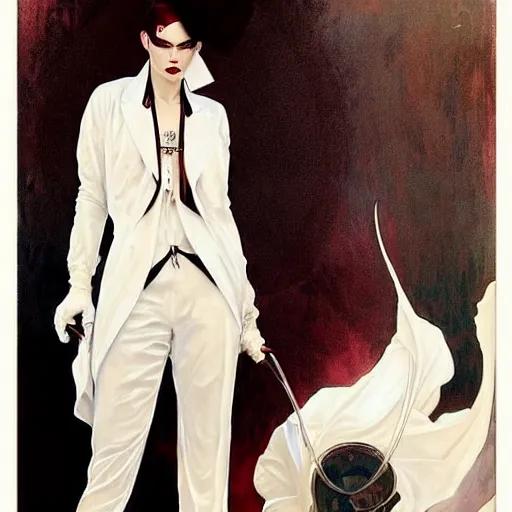 Prompt: beautiful portrait of androgynous ruby rose as desire from sandman in a white tuxedo!!!, rockabilly style, by alphonse mucha, cedric peyravernay, by jeremy mann, by frank moth, white suit and black tie, double picture, soft lightning, high detailed, 8 k