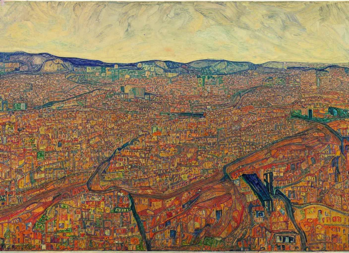 Image similar to a realistic San-Francisco cityscape, bird view, hills, Golden Gate, houses, parks, and hell bursting in style of Egon Schiele, Wayne Thiebaud and Frank Auerbach and Bosch