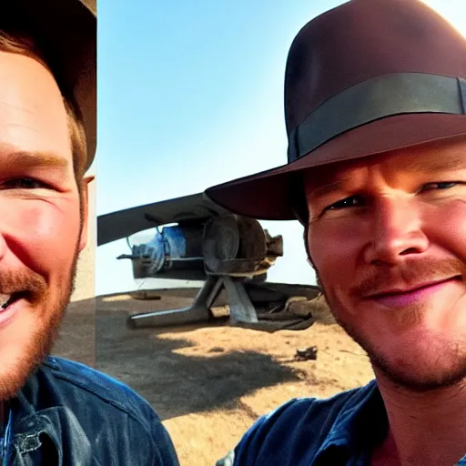 Prompt: chris pratt as indiana jones taking a selfie with an old harrison ford, instagram, cinematic, natural lighting, genuine smile, perfect angle