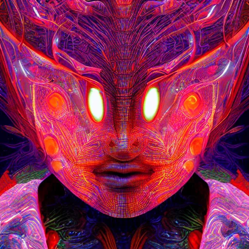 Image similar to Face of an Alien Deity, centered, corals, plume made of geometry, extremely detailed digital painting, sharp focus in the style of android jones, artwork of a futuristic artificial intelligence superstar with frames made of detailed circuitry , mystical colors, rim light, beautiful lighting, 8k, stunning scene, raytracing, octane, under water visual distortion, dark tones colors, trending on artstation