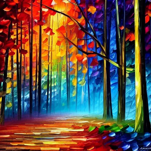 Image similar to beautiful forest in the style of leonid afremov