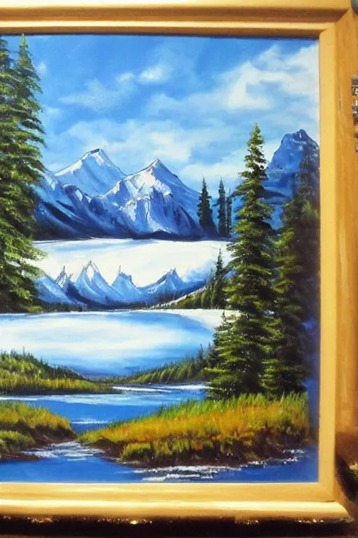 Prompt: bob ross painting of alberta canada