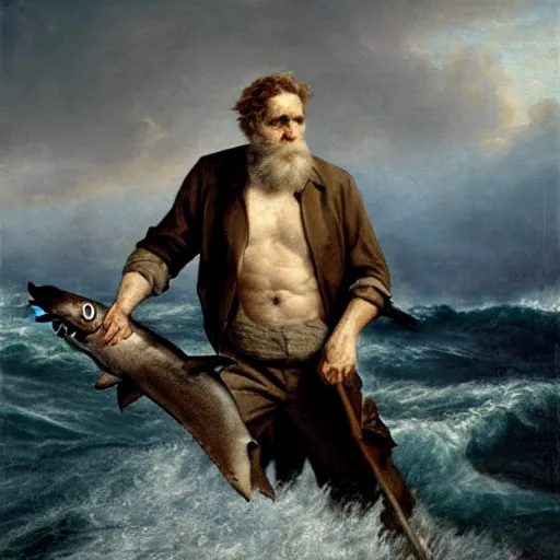 Prompt: An old sailor with a beard, Willem Dafoe, holds a shark at arm's length, stands against the background of a raging sea, the background is blurred, focus in the foreground, realism, details,