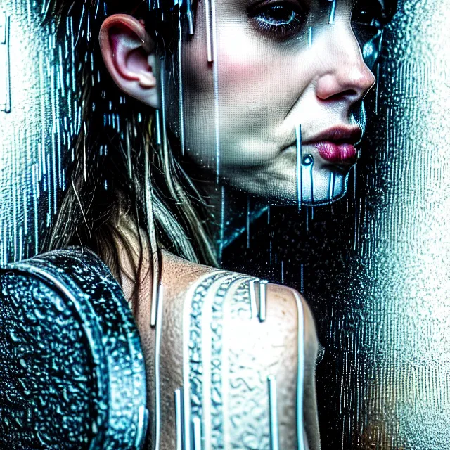 Image similar to bright portrait backlit rain on face and wet hair, cyberpunk, overhead lighting, fantasy, intricate, elegant, dramatic lighting, highly detailed, lifelike, photorealistic, digital painting, artstation, illustration, concept art, smooth, sharp focus, art by John Collier and Albert Aublet and Krenz Cushart and Artem Demura and Alphonse Mucha