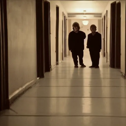 Image similar to Two Danny Devito twins standing in an eerie long dimly lit hallway in the style of The Shining (1980)