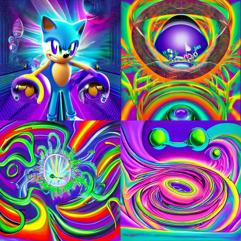 Prompt: dream surreal, sharp, detailed professional, high quality airbrush art mgmt album cover of a liquid dissolving lsd dmt sonic the hedgehog collecting rings in a psychedelic vortex, purple checkerboard background, 1 9 9 0 s 1 9 9 2 sega genesis video game album cover