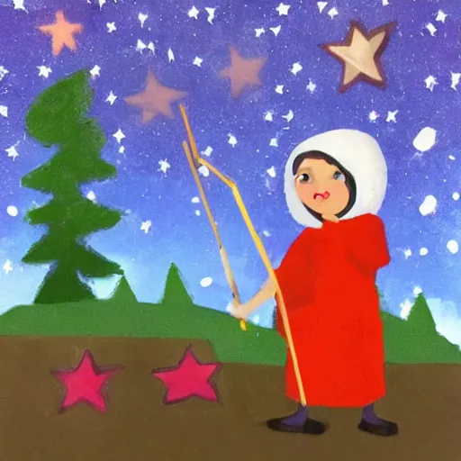 Image similar to a babushka playing drums and in a forest with stars in the sky over her head