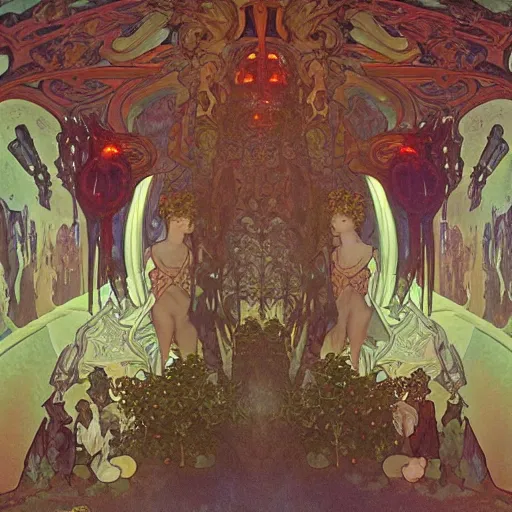 Image similar to deep in a large open cavern in a crystal cave there is a gigantic demonic portal to hell, artwork by Alphonse mucha and beeple