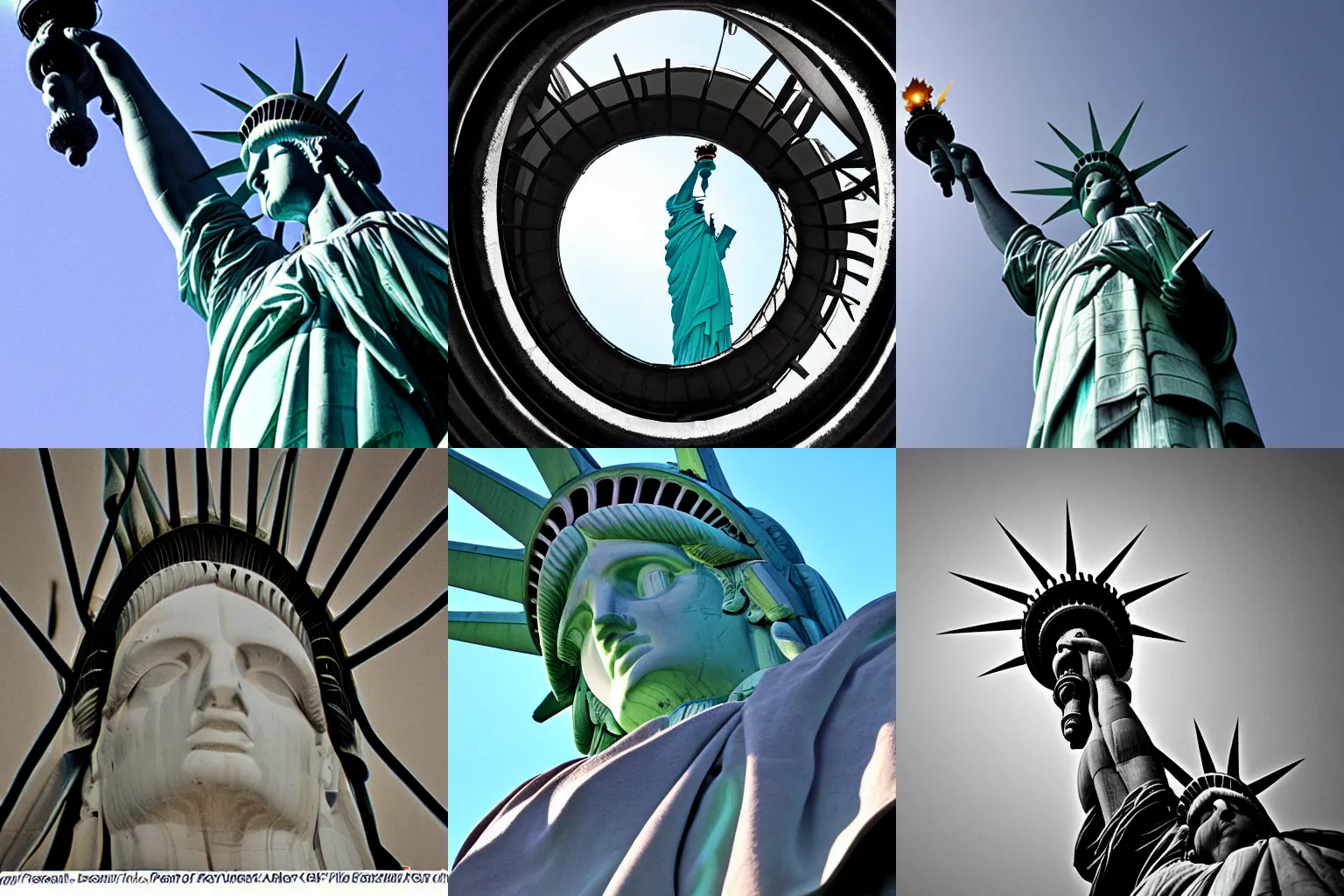 Prompt: photo of the statue of liberty, worm\'s eye view, very low angle