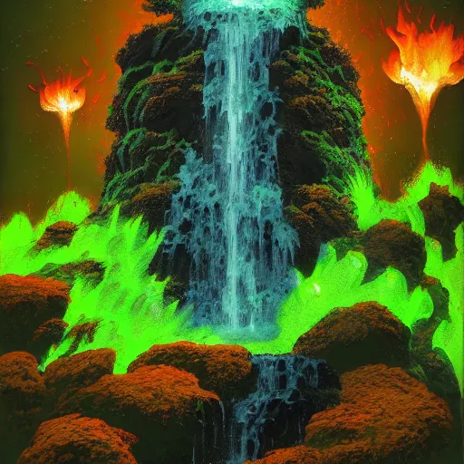 Image similar to green lava waterfall, Trending on Artstation, Hiroaki Tsutsumi style