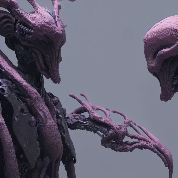 Image similar to a character in a scenic environment by wayne barlowe and nihei tsutomu, close up shot, dreamy hazy, biological armor, highly detailed, 3 d render, vray, octane, realistic lighting