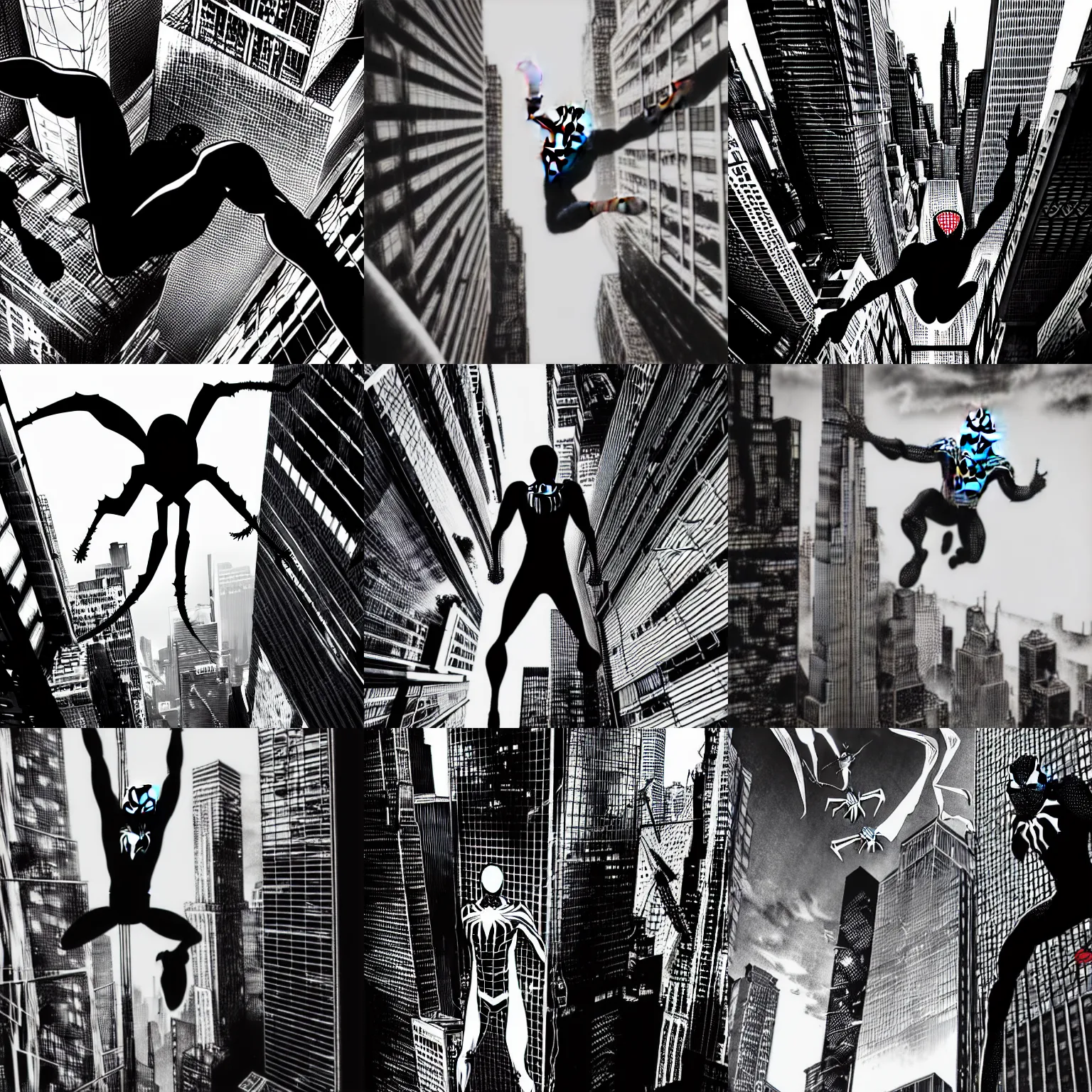 Prompt: spider - man in a torn suit flies between huge skyscrapers after a venom by tsutomu nihei, black and white, comic, cinematic, detalized new york background