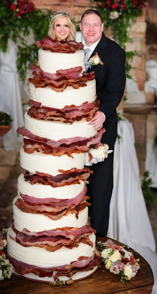 Prompt: a wedding cake made of bacon, professional food photo, by linda eastman, bride and groom on top of the wedding cake,