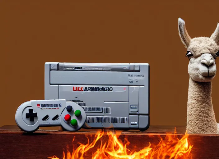 Image similar to A commercial photo of a super-nintendo with a fire llama painting, studio background, studio lighting, photorealistic, octane render, 8K, highly detailed, high quality, prpduct photo