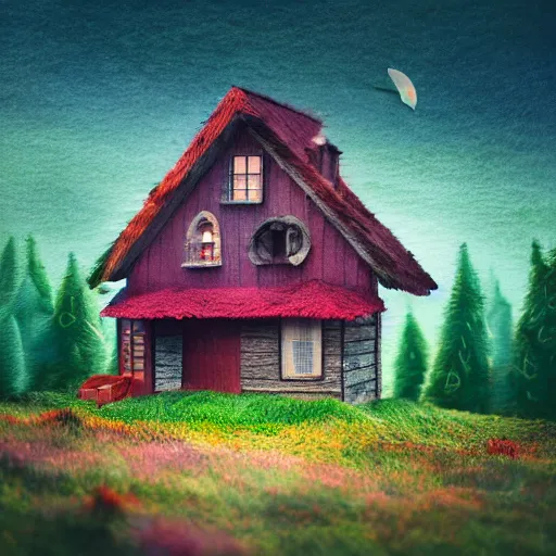 Prompt: small wooden house in the middle of spring forest, bright colours, watercolor, volumetric wool felting, macro photography, children illustration, by mike winkelmann