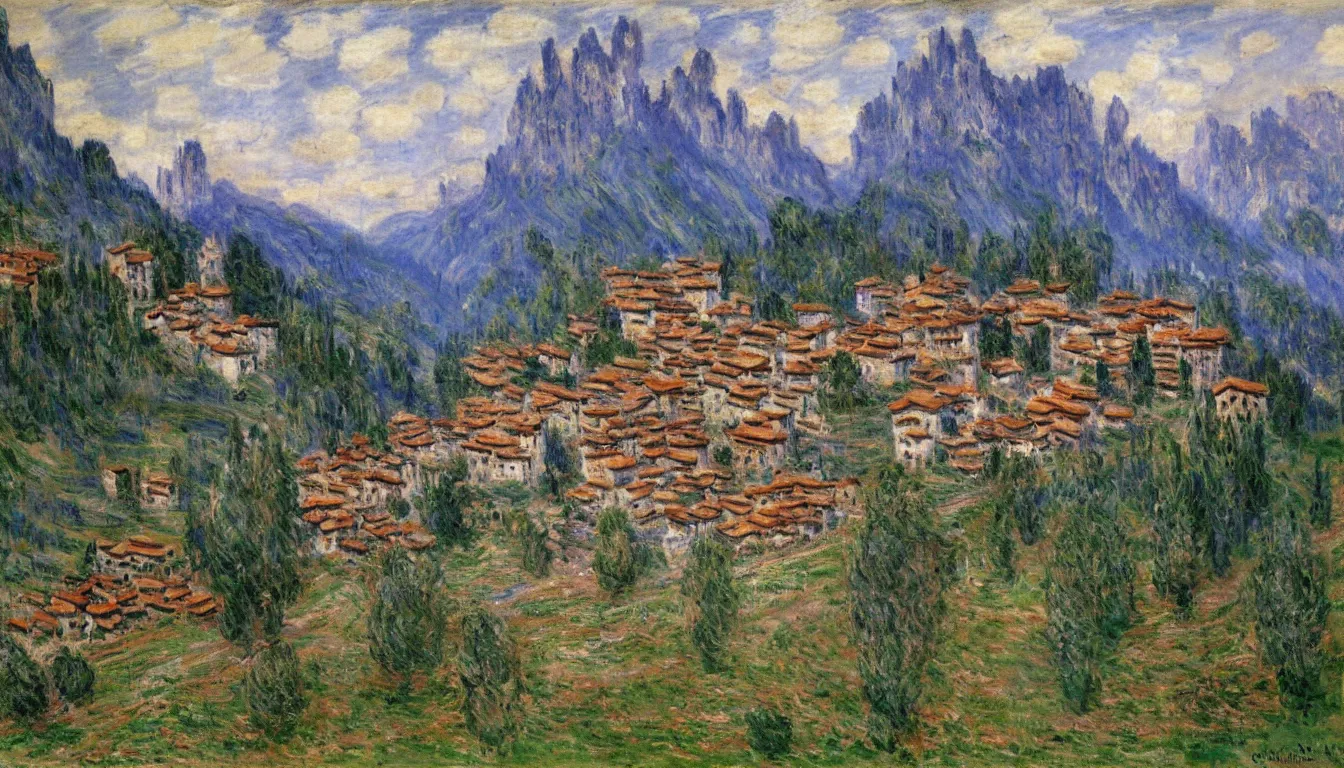 Prompt: an italian town in the dolomites mountains, by claude monet