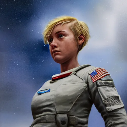 Prompt: rough and moody, highly detailed painting, side view, lonely awkward brilliant female blond teenage tomboy girl with short hair, in flight suit, space high school, science fiction, octane render, artstation, michael whelan, ron cobb, digital illustration -