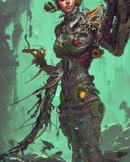 Prompt: character design, cyborg spellcaster, green robes, hyper detailed, pen and ink, intricate line drawings, colorful, style by ian mcque, craig mullins, emil melmoth, + in style of charlie bowater, peter mohrbacher, marc simonetti, trending on artstation cgsociety, cinematic 8 k