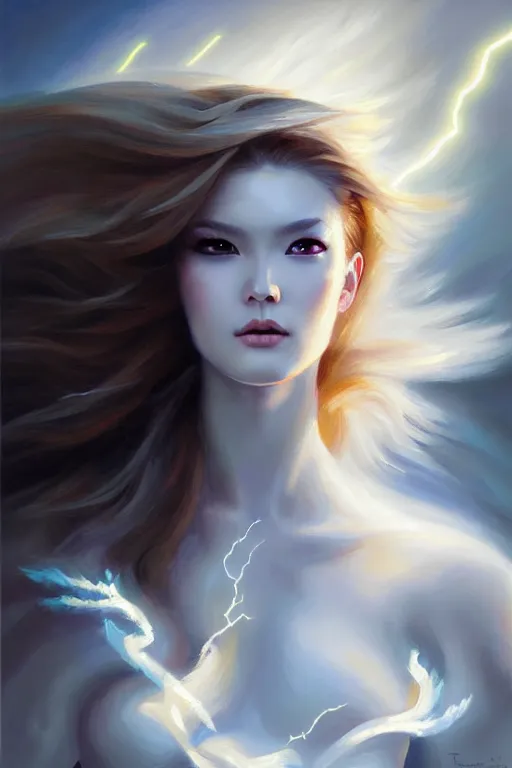 Prompt: oil painting, white, sakimi chan, detailed face, fantasy armor, flying, tony sart, wind, lightning, dramatic lighting