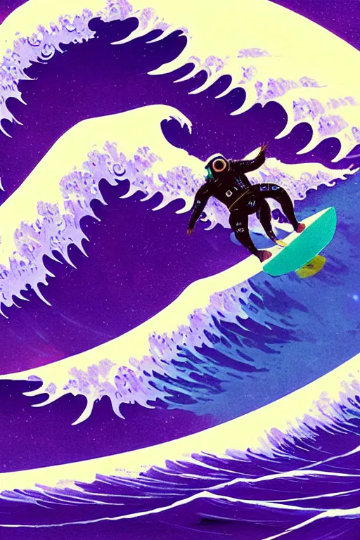 Image similar to a beautiful digital painting of an astronaut surfing the great wave off kanagawa on a purple surboard by greg rutkowski