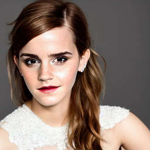 Image similar to an extremely beautiful studio photo of emma watson wearing open toe high heels and wearing a white dress, pale skin, bokeh, very very very beautiful!, hard focus, full body shot, 9 0 mm, f / 1. 4